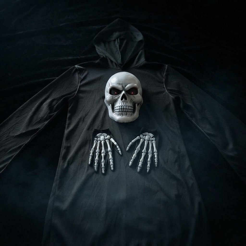 Halloween Scary Costume Grim Reaper Costume for Boys Kids Costume with Glowing Red Eyes with Gloves Mask