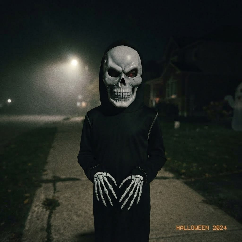Halloween Scary Costume Grim Reaper Costume for Boys Kids Costume with Glowing Red Eyes with Gloves Mask